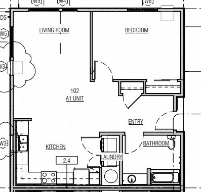 Floor plan for 1 bed, 1 bath, 747 sqft